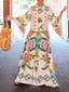 Women's Wedding Guest Floral Print Mock Neck Bell Sleeve Maxi Dress
