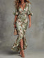 Women's Wedding Guest Floral Ruffle Sleeve Maxi Dress