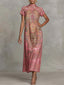 Women's Wedding Guest Paisley Print Mock Neck Short Sleeve Maxi Dress