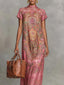 Women's Wedding Guest Paisley Print Mock Neck Short Sleeve Maxi Dress