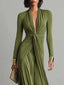Women's Wedding Guest Twist Knot Deep V-Neck Long Sleeve Maxi Dress