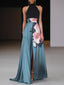 Women's Classic Black Slit Floral Crew Neck Sleeveless A-Line Maxi Dress
