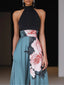 Women's Classic Black Slit Floral Crew Neck Sleeveless A-Line Maxi Dress
