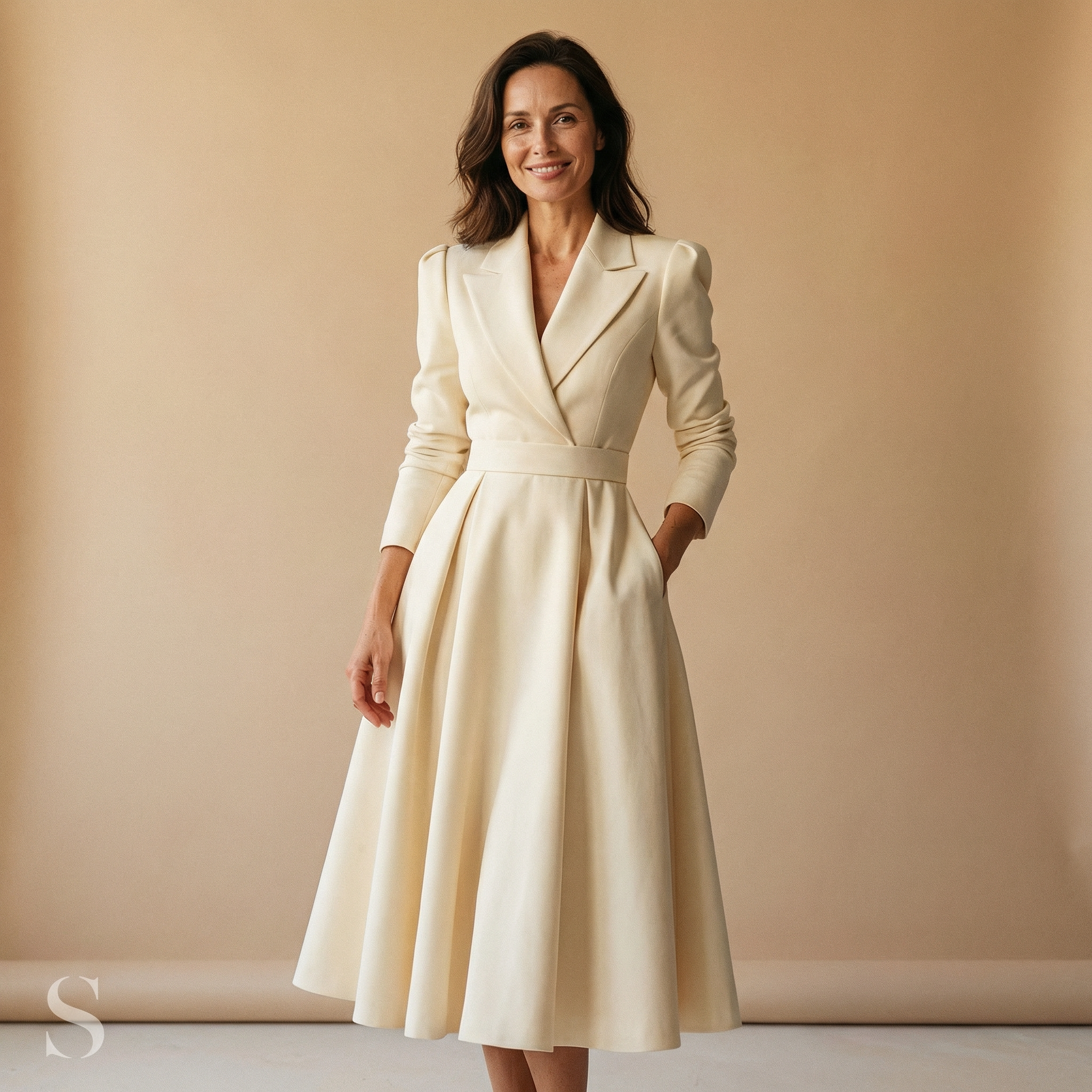 Women’s Formal Long Sleeve Pocket Midi Dress - Beige / Xl